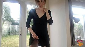 British shemale in kinky outfit gives jerk off instruction and swallows cum